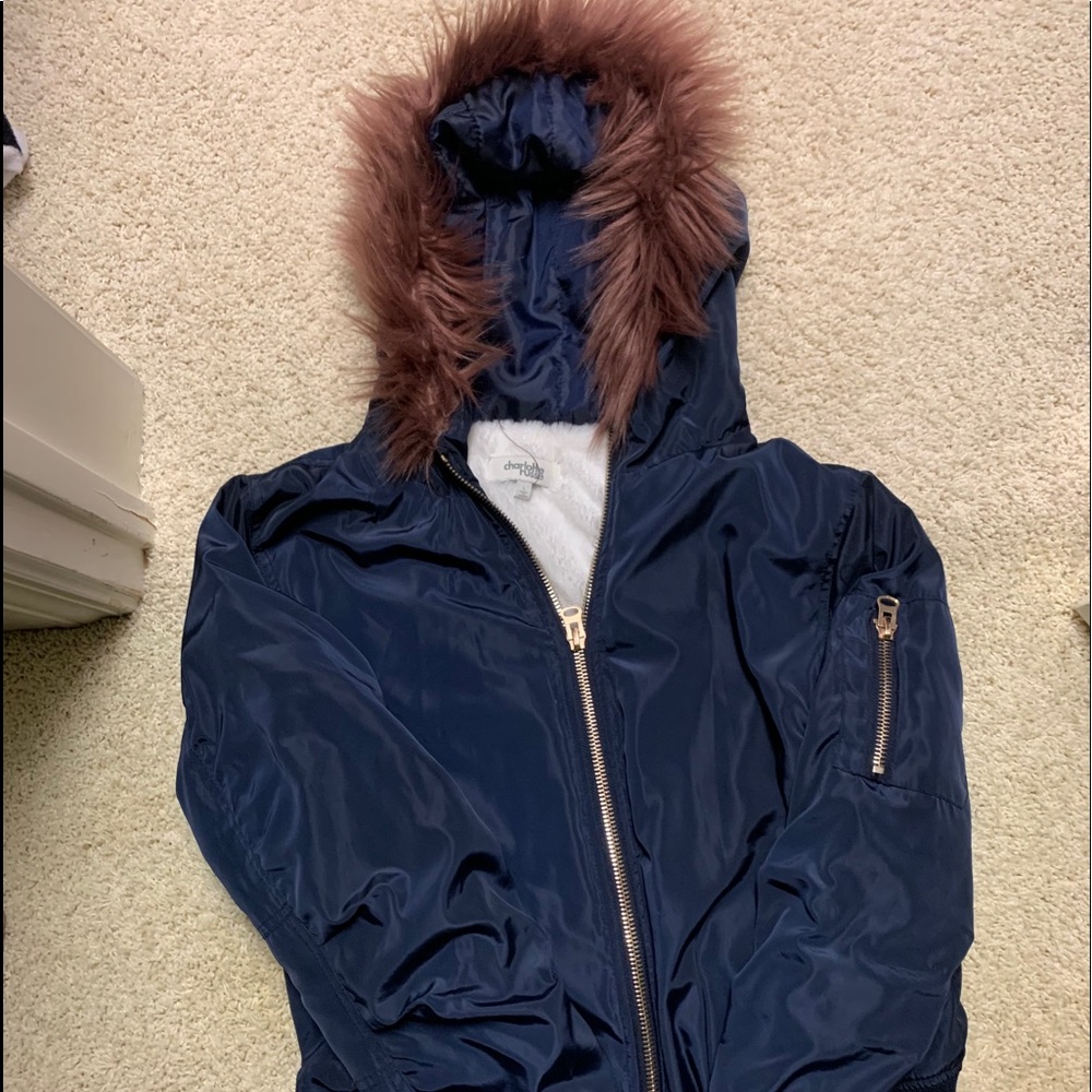 navy blue bomber jacket w fluffy hood